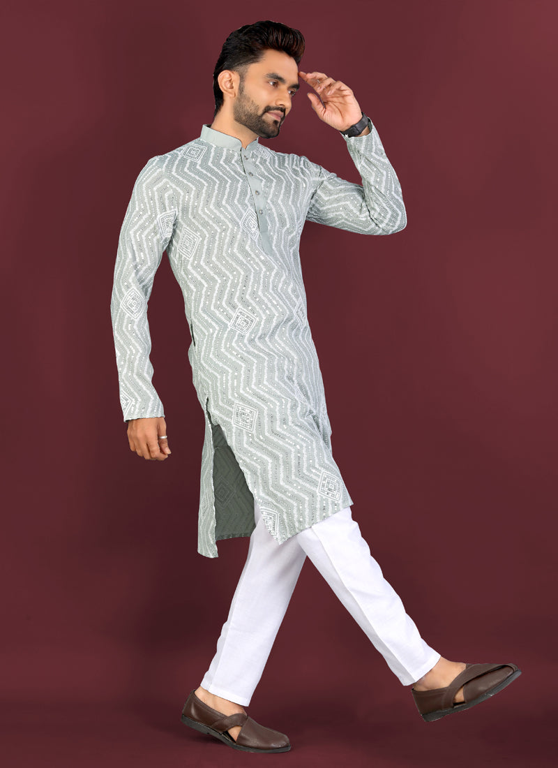 Prazu Fashion Grey Soft Silk Unique Cross Pattern White Thread Embroidery With Silver Sequence Kurta - Distacart