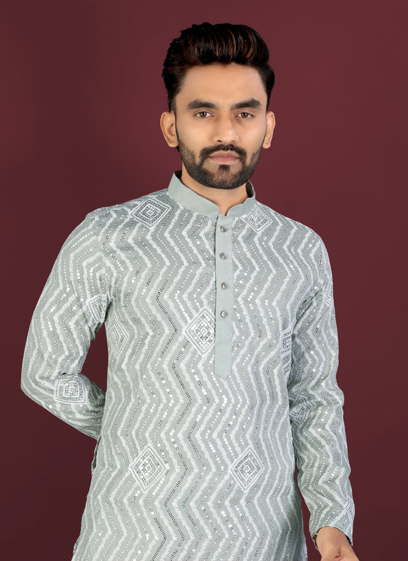 Prazu Fashion Grey Soft Silk Unique Cross Pattern White Thread Embroidery With Silver Sequence Kurta