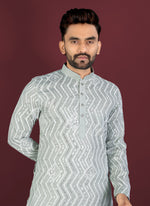 Thumbnail for Prazu Fashion Grey Soft Silk Unique Cross Pattern White Thread Embroidery With Silver Sequence Kurta