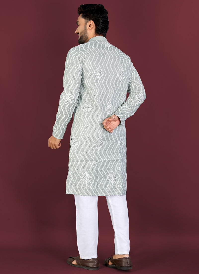 Prazu Fashion Grey Soft Silk Unique Cross Pattern White Thread Embroidery With Silver Sequence Kurta