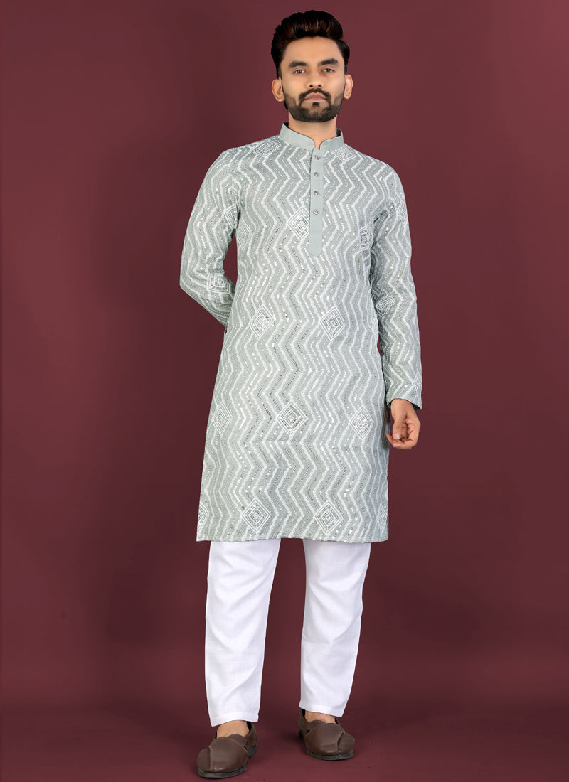 Prazu Fashion Grey Soft Silk Unique Cross Pattern White Thread Embroidery With Silver Sequence Kurta - Distacart