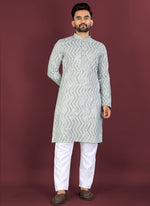 Thumbnail for Prazu Fashion Grey Soft Silk Unique Cross Pattern White Thread Embroidery With Silver Sequence Kurta