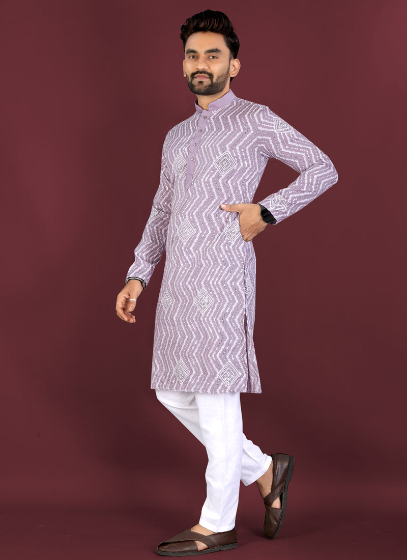 Prazu Fashion Lavender Soft Silk Unique Cross Pattern White Thread Embroidery With Silver Sequence Kurta - Distacart