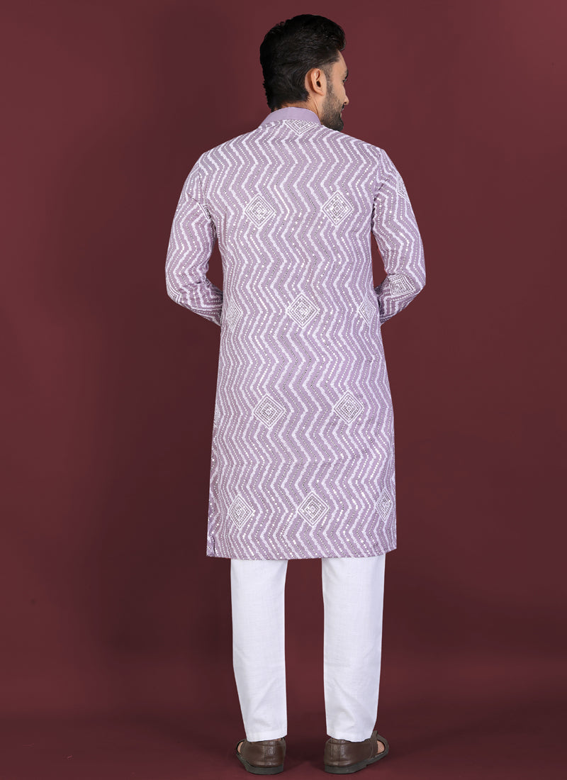 Prazu Fashion Lavender Soft Silk Unique Cross Pattern White Thread Embroidery With Silver Sequence Kurta