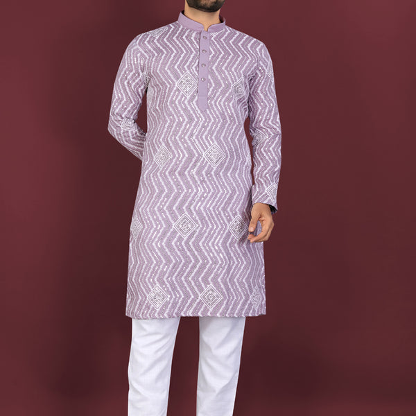 Prazu Fashion Lavender Soft Silk Unique Cross Pattern White Thread Embroidery With Silver Sequence Kurta
