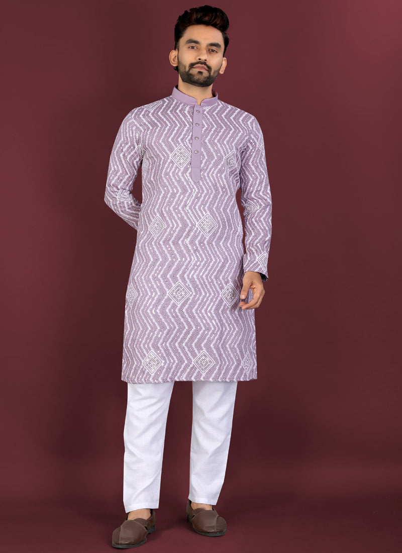 Prazu Fashion Lavender Soft Silk Unique Cross Pattern White Thread Embroidery With Silver Sequence Kurta - Distacart