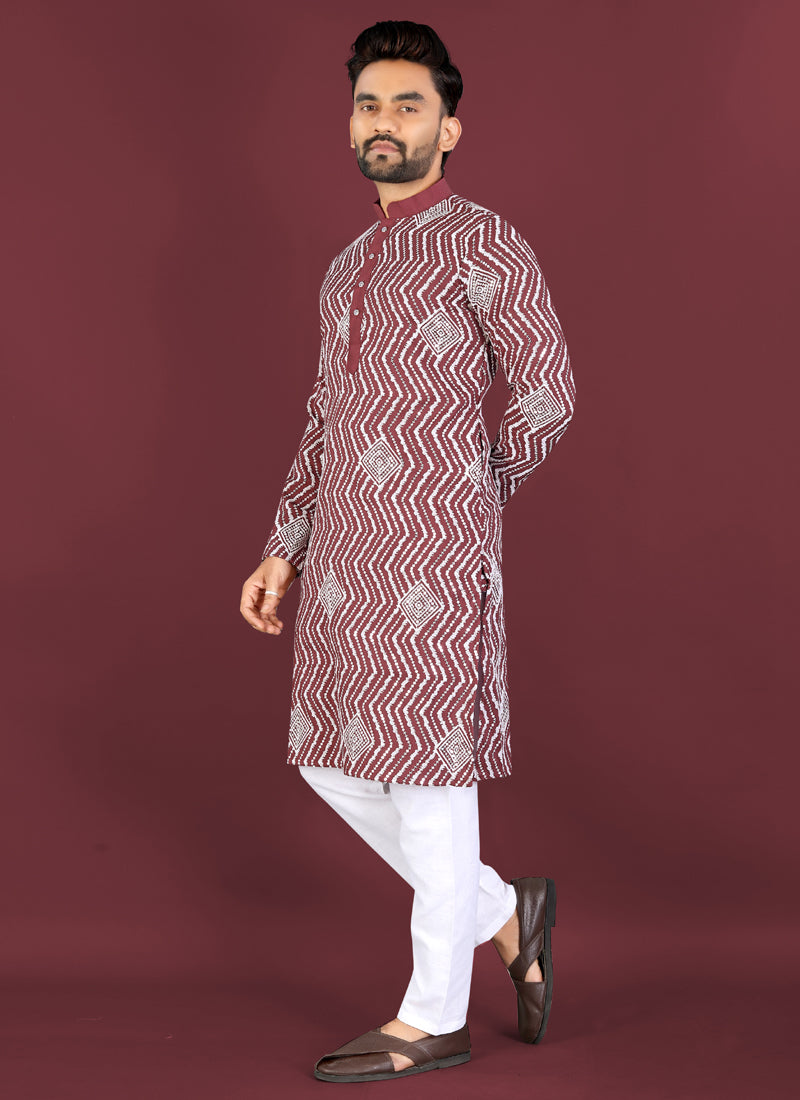Prazu Fashion Maroon Soft Silk Unique Cross Pattern White Thread Embroidery With Silver Sequence Kurta - Distacart