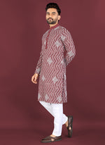 Thumbnail for Prazu Fashion Maroon Soft Silk Unique Cross Pattern White Thread Embroidery With Silver Sequence Kurta