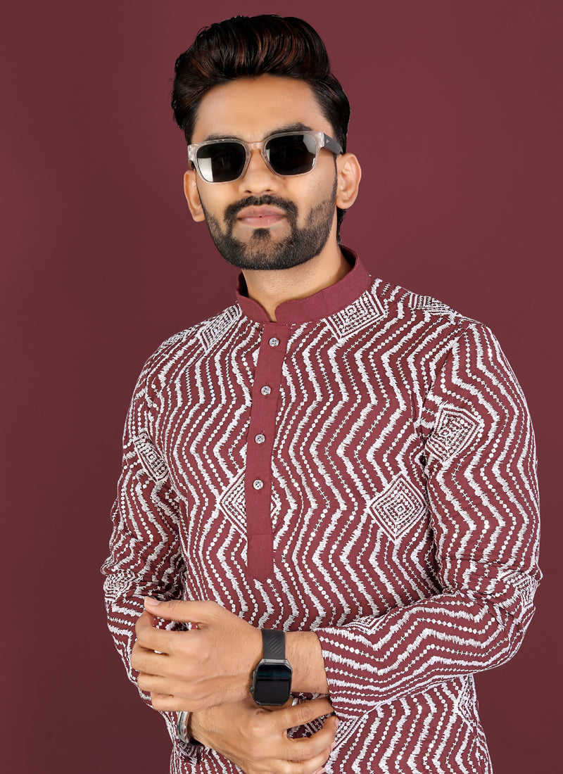 Prazu Fashion Maroon Soft Silk Unique Cross Pattern White Thread Embroidery With Silver Sequence Kurta - Distacart