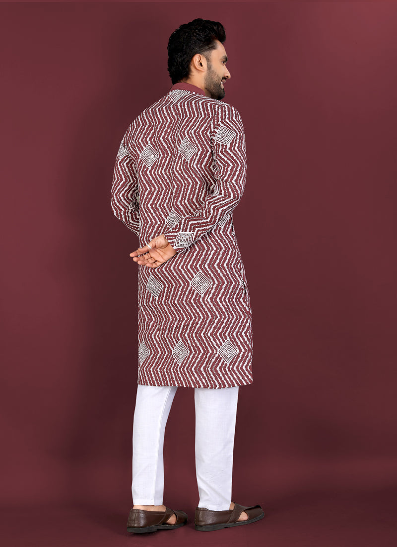 Prazu Fashion Maroon Soft Silk Unique Cross Pattern White Thread Embroidery With Silver Sequence Kurta - Distacart