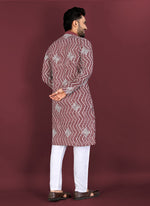 Thumbnail for Prazu Fashion Maroon Soft Silk Unique Cross Pattern White Thread Embroidery With Silver Sequence Kurta