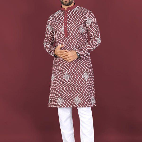 Prazu Fashion Maroon Soft Silk Unique Cross Pattern White Thread Embroidery With Silver Sequence Kurta