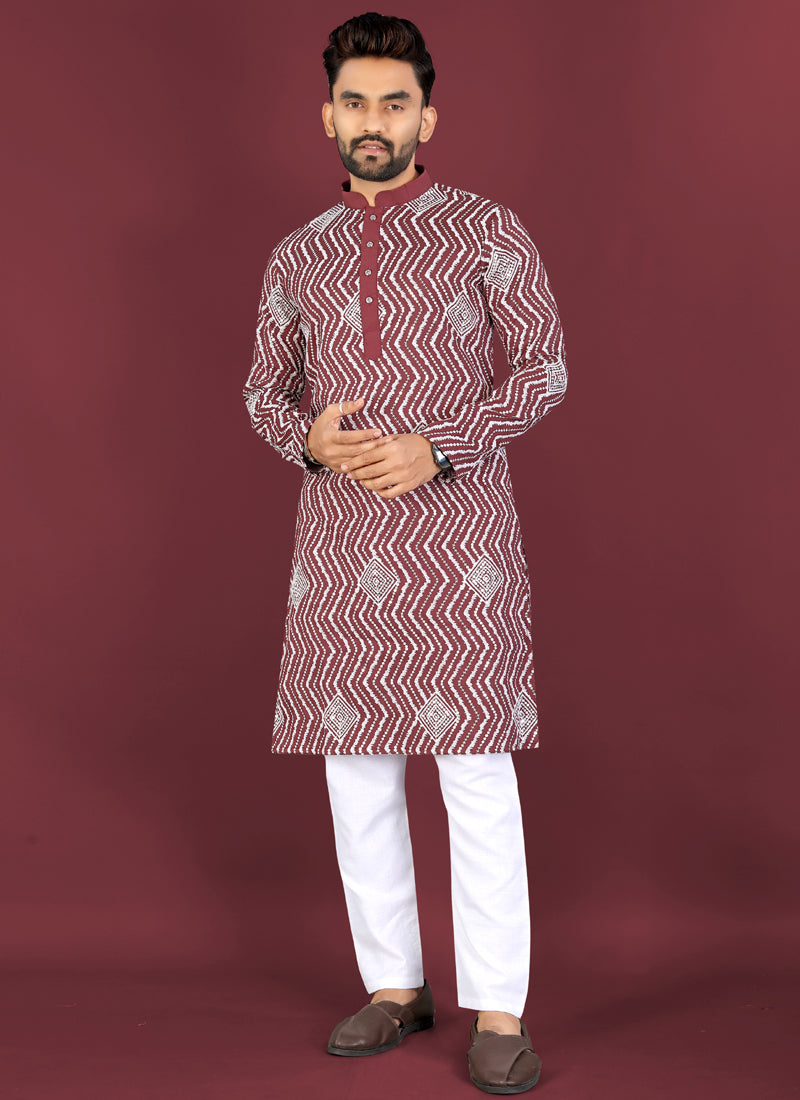 Prazu Fashion Maroon Soft Silk Unique Cross Pattern White Thread Embroidery With Silver Sequence Kurta - Distacart