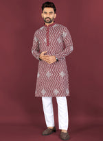 Thumbnail for Prazu Fashion Maroon Soft Silk Unique Cross Pattern White Thread Embroidery With Silver Sequence Kurta