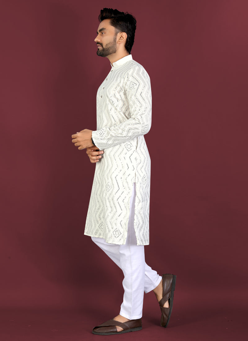 Prazu Fashion Off White Soft Silk Unique Cross Pattern White Thread Embroidery With Silver Sequence Kurta
