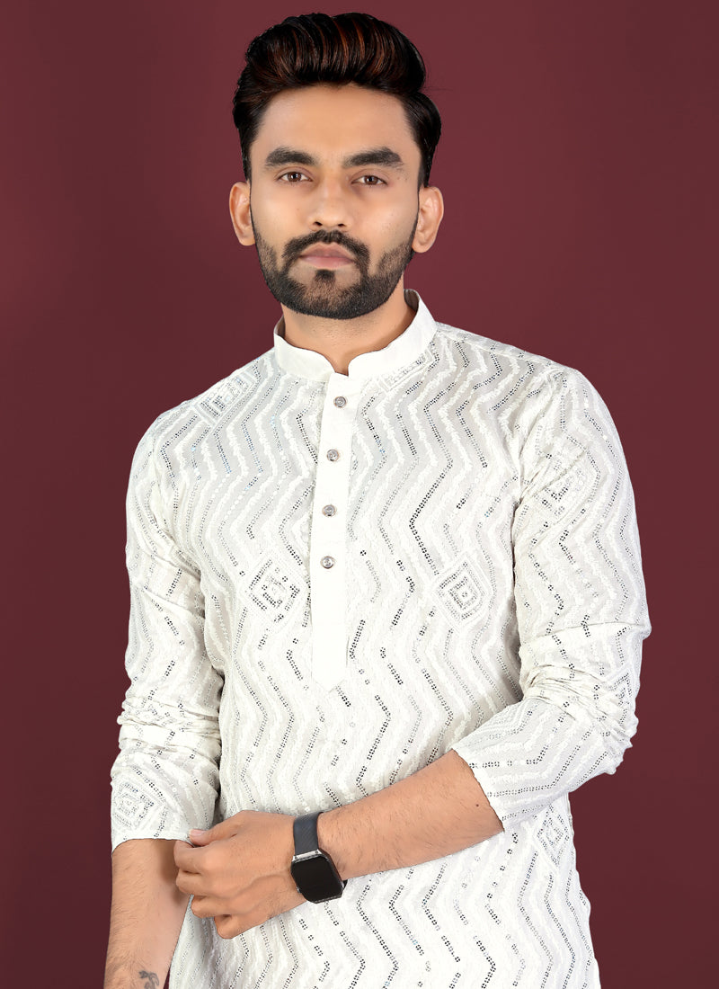 Prazu Fashion Off White Soft Silk Unique Cross Pattern White Thread Embroidery With Silver Sequence Kurta - Distacart