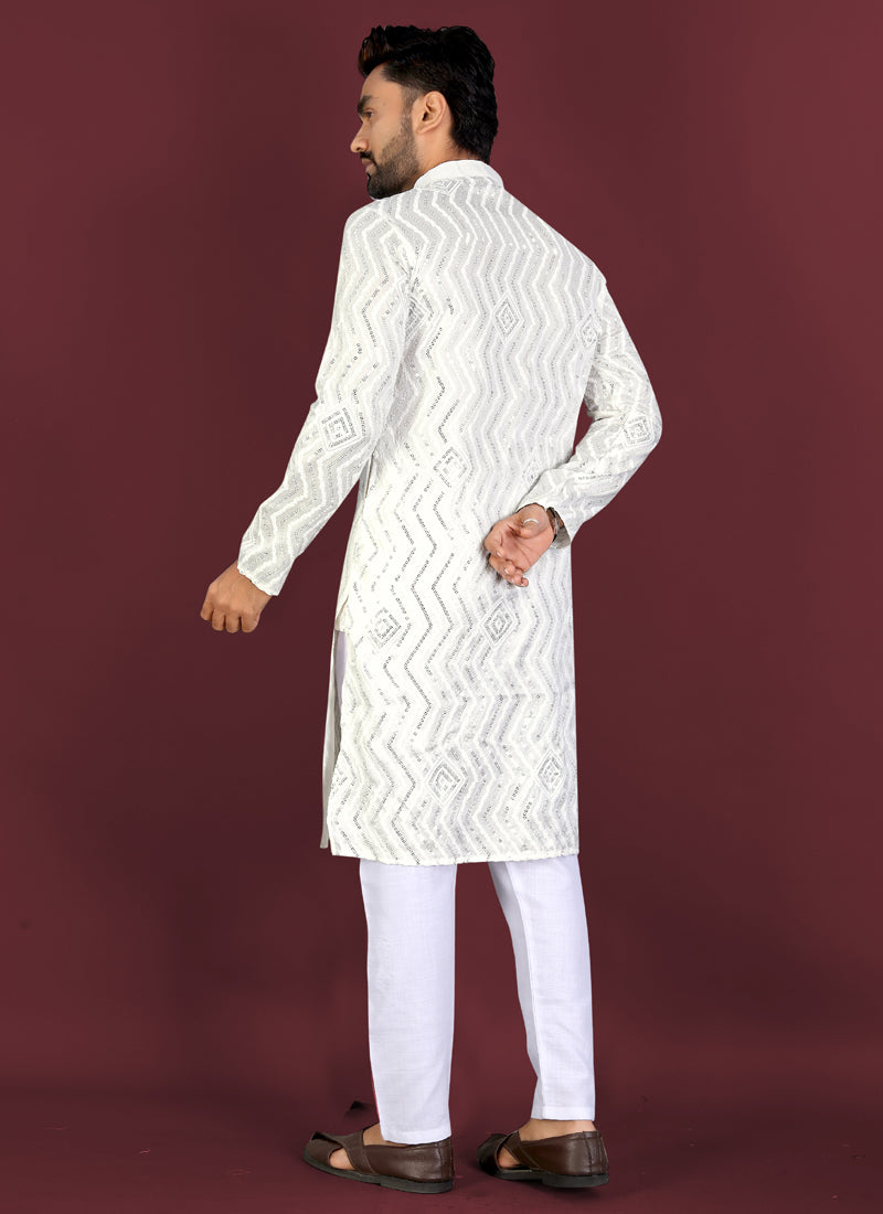 Prazu Fashion Off White Soft Silk Unique Cross Pattern White Thread Embroidery With Silver Sequence Kurta