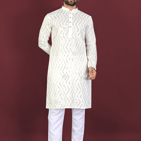 Prazu Fashion Off White Soft Silk Unique Cross Pattern White Thread Embroidery With Silver Sequence Kurta