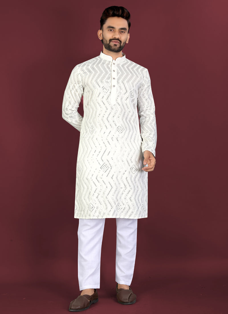 Prazu Fashion Off White Soft Silk Unique Cross Pattern White Thread Embroidery With Silver Sequence Kurta - Distacart