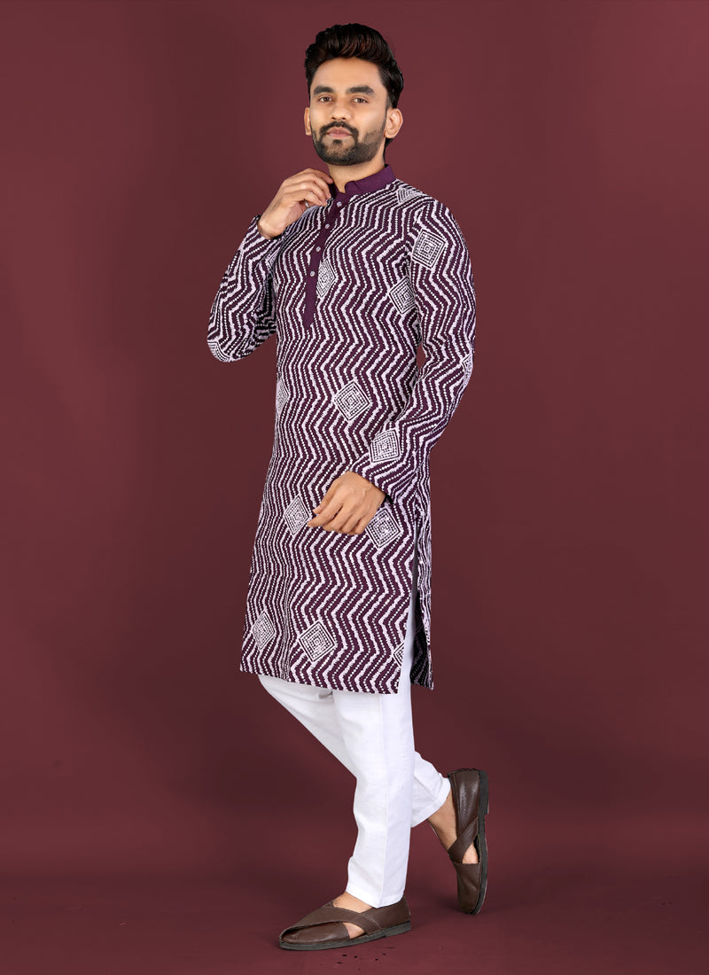 Prazu Fashion Purple Soft Silk Unique Cross Pattern White Thread Embroidery With Silver Sequence Kurta - Distacart