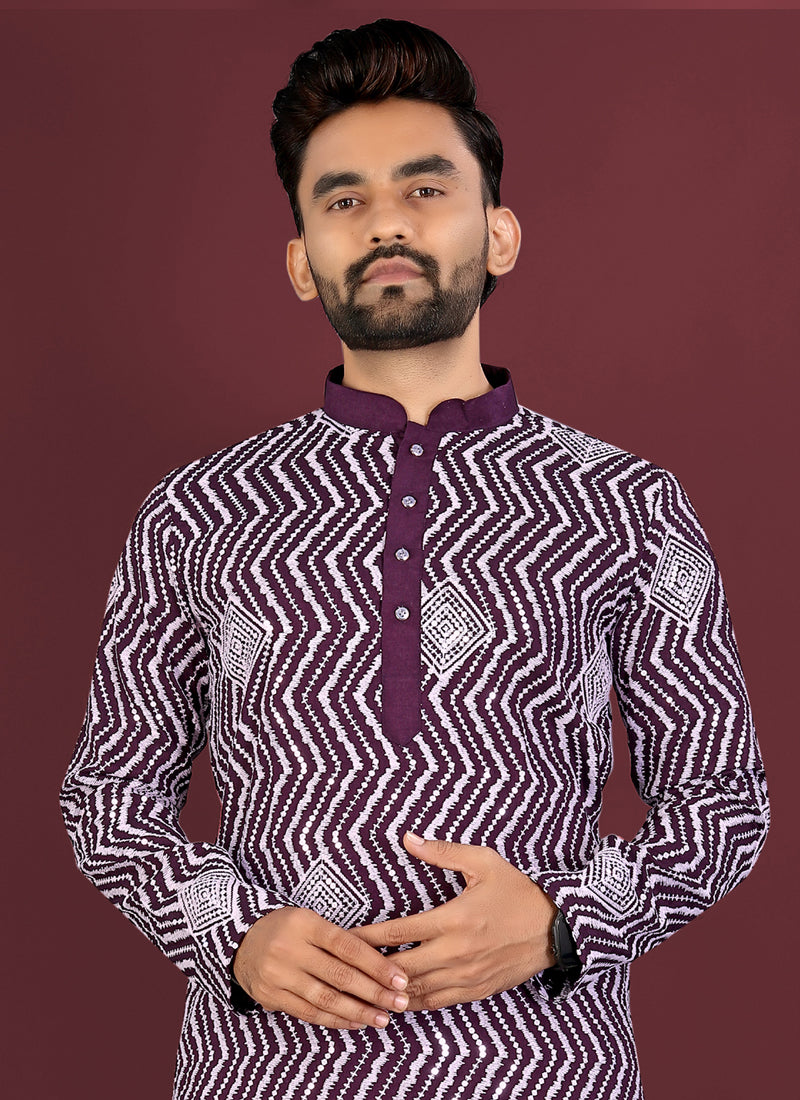 Prazu Fashion Purple Soft Silk Unique Cross Pattern White Thread Embroidery With Silver Sequence Kurta