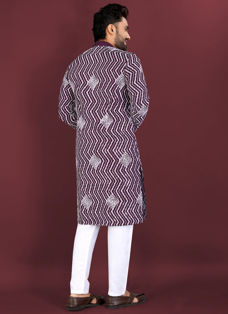 Prazu Fashion Purple Soft Silk Unique Cross Pattern White Thread Embroidery With Silver Sequence Kurta