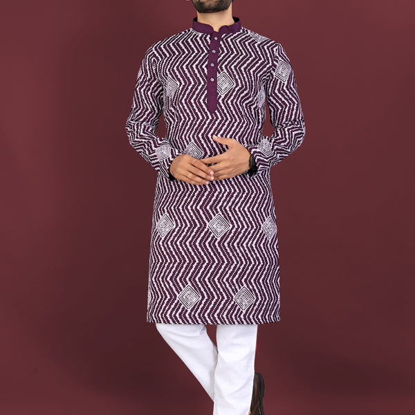 Prazu Fashion Purple Soft Silk Unique Cross Pattern White Thread Embroidery With Silver Sequence Kurta