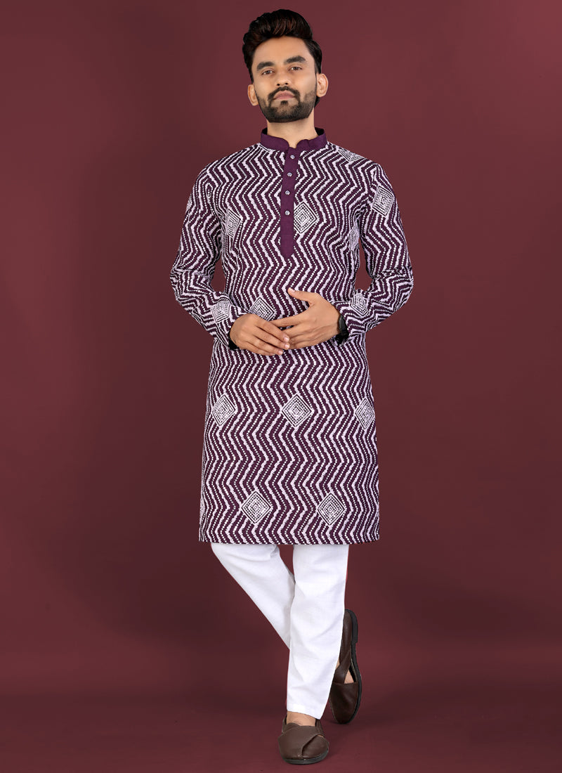 Prazu Fashion Purple Soft Silk Unique Cross Pattern White Thread Embroidery With Silver Sequence Kurta - Distacart