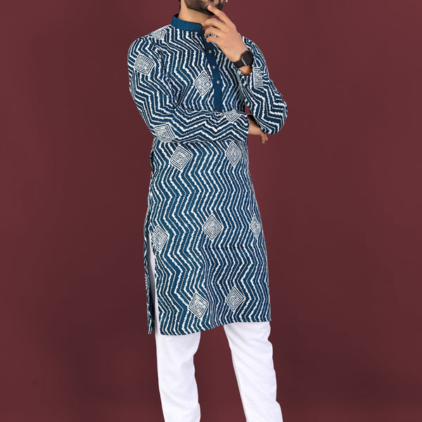Prazu Fashion Royal Blue Soft Silk Unique Cross Pattern White Thread Embroidery With Silver Sequence Kurta