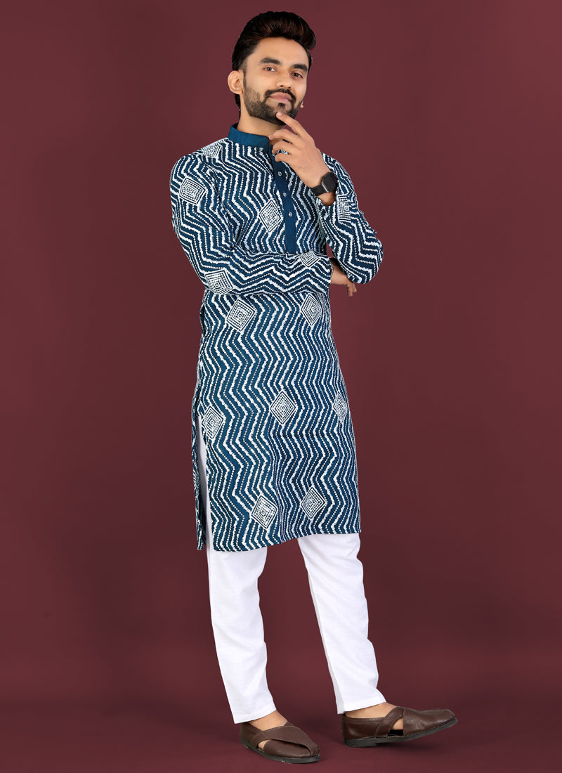 Prazu Fashion Royal Blue Soft Silk Unique Cross Pattern White Thread Embroidery With Silver Sequence Kurta - Distacart