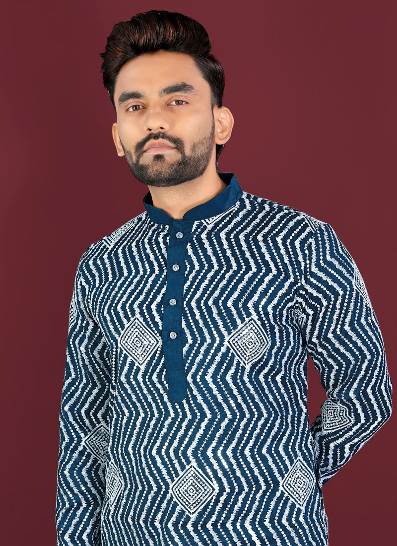 Prazu Fashion Royal Blue Soft Silk Unique Cross Pattern White Thread Embroidery With Silver Sequence Kurta - Distacart