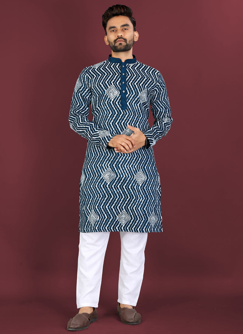 Prazu Fashion Royal Blue Soft Silk Unique Cross Pattern White Thread Embroidery With Silver Sequence Kurta