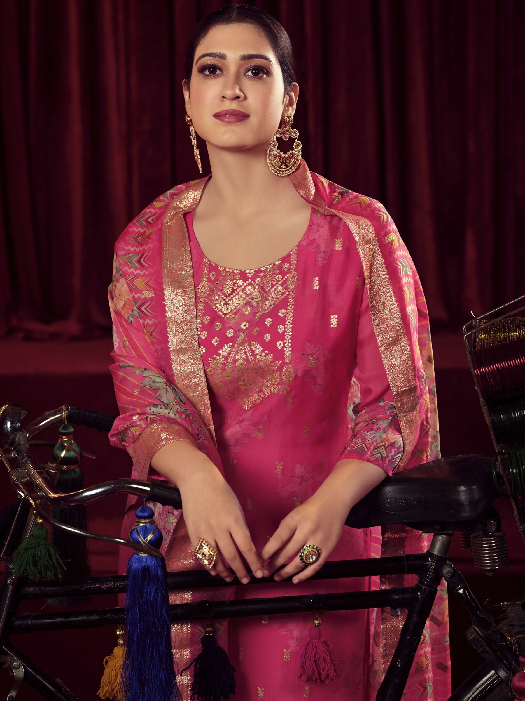 Jyoti Fashion Women's Magenta Organza Jacquard Woven Kurta with Trouser & Dupatta - Distacart