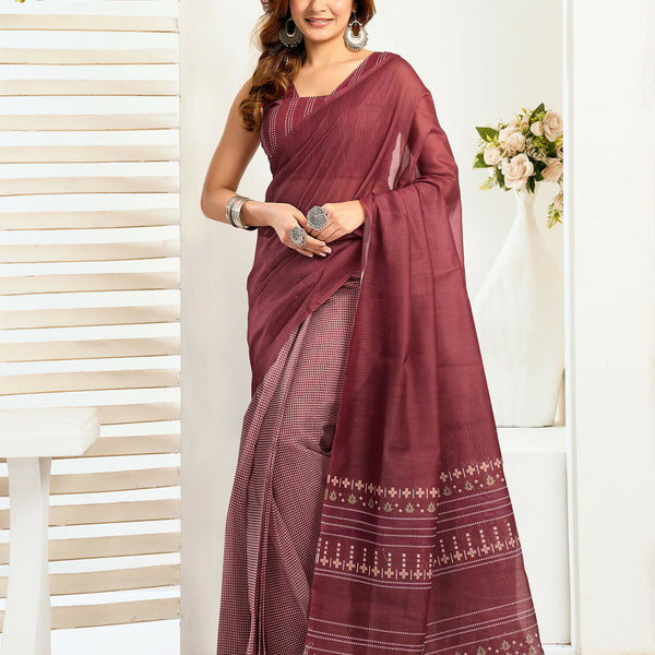 Joban Fashion Maroon Ethnic Motifs Linen Ready To Wear Saree With Unstitched Blouse - Distacart