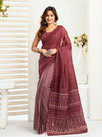 Thumbnail for Joban Fashion Maroon Ethnic Motifs Linen Ready To Wear Saree With Unstitched Blouse - Distacart