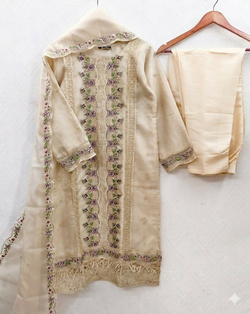 Teeya Creation Womens New Trendy Silk With Heavy Embroiedery With Sequence Work Beige Kurta Set - Dista