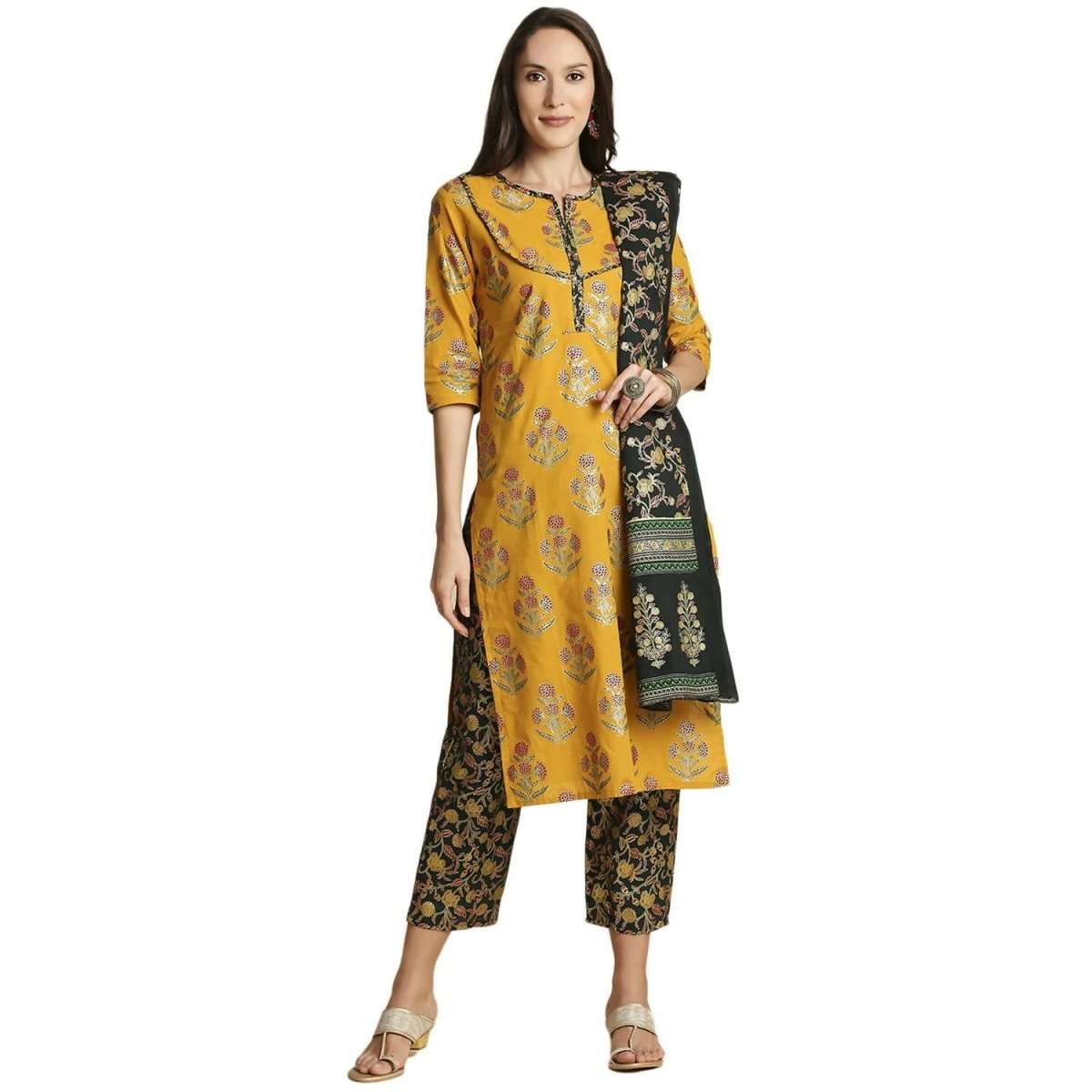 Anubhutee Women's Cotton Regular Floral Printed Layered Mustard Kurta Set - Distacart