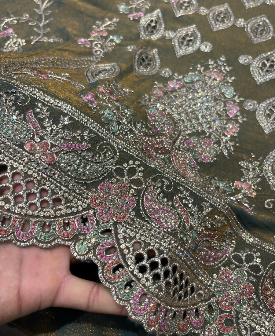 KC Heavy Embroidery Worked Two Ton Moss Silk Grey Suit For Women - Dista