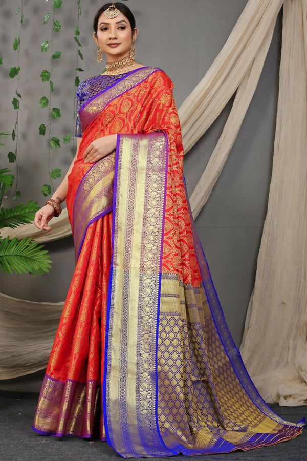 Jyoti Fashion Women's Red Kanjivaram Silk Zari Woven Saree with Blouse - Distacart