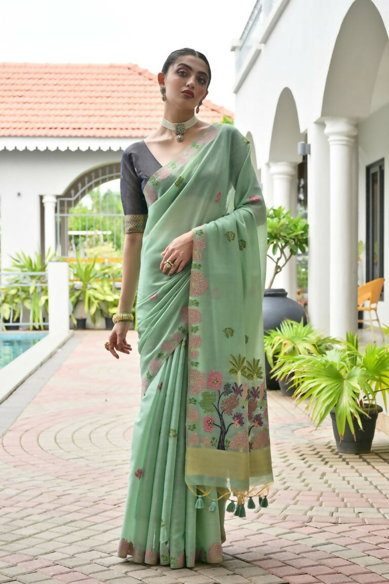Vishnu Weaves Women's Sea-Green Muga Cotton Thread Weaving Saree with Blouse