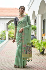 Thumbnail for Vishnu Weaves Women's Sea-Green Muga Cotton Thread Weaving Saree with Blouse