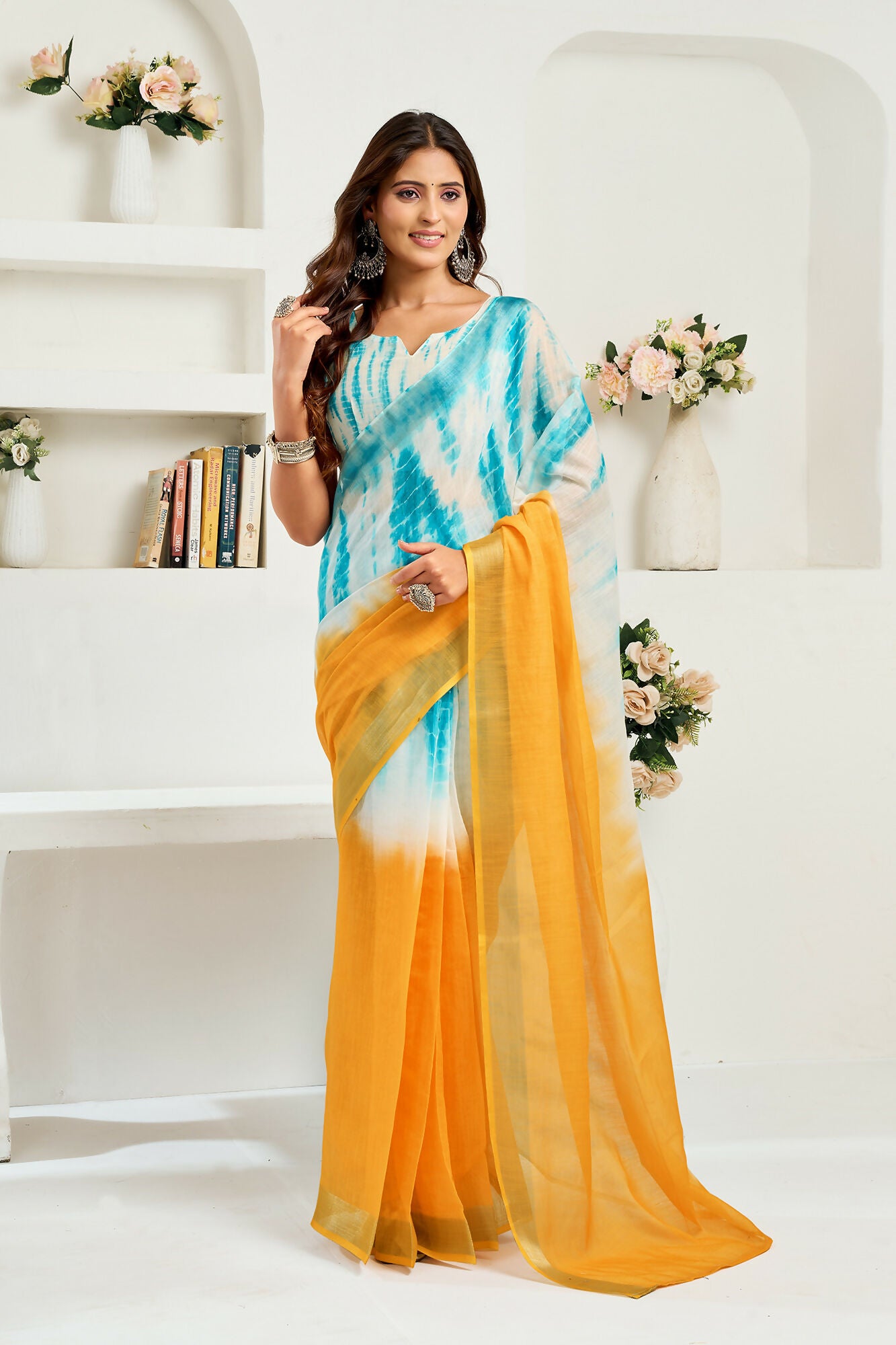 Vastranavya Multi Digital Printed Linen Ready To Wear Designer Saree with Unstitched Blouse - Distacart