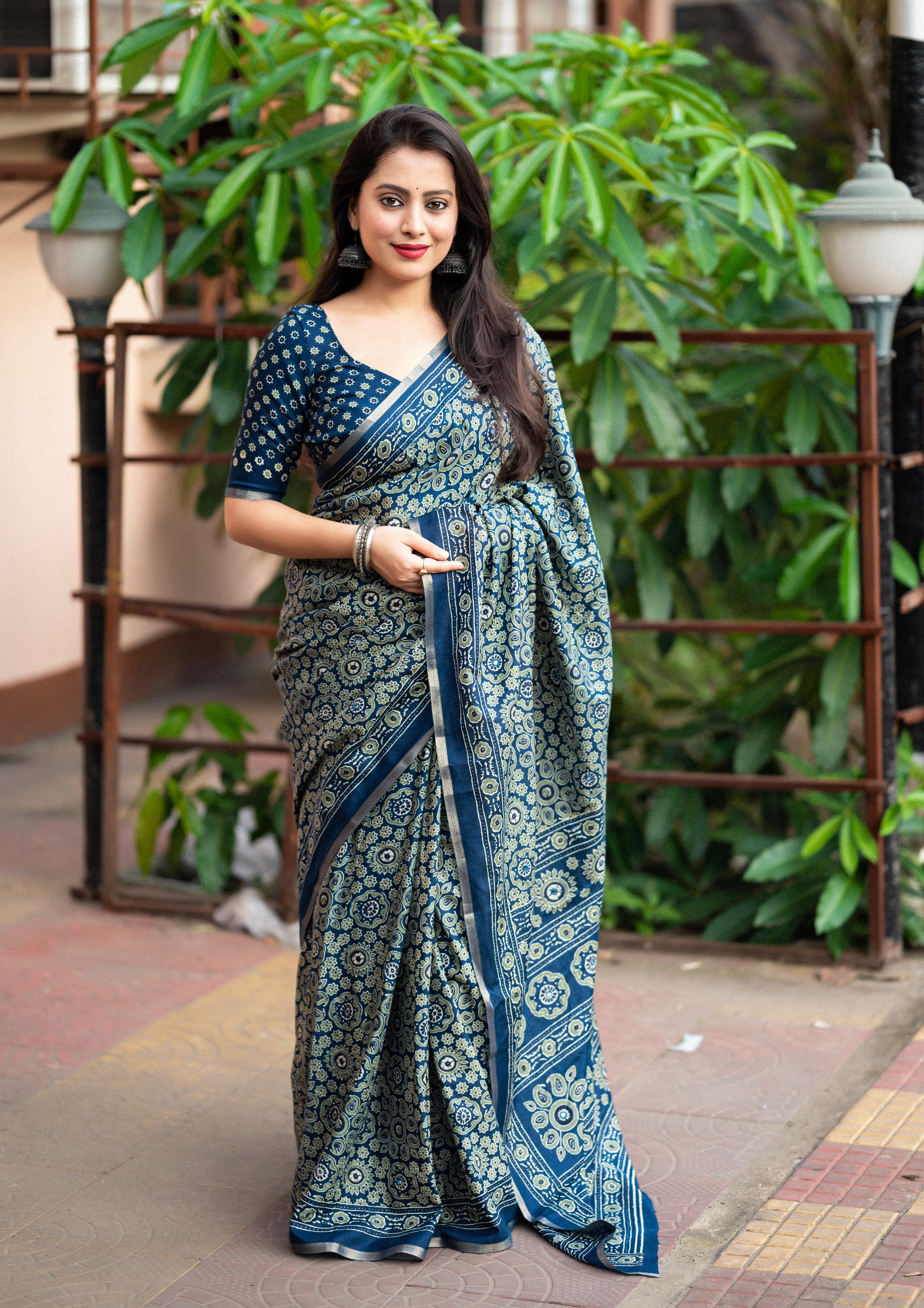 Blue Cotton Blend Ajrak Saree with Unstitched Blouse - A2M - Distacart