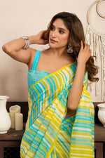 Thumbnail for Joban Fashion Yellow Striped (Leheriya) Linen Ready To Wear Saree With Unstitched Blouse - Distacart