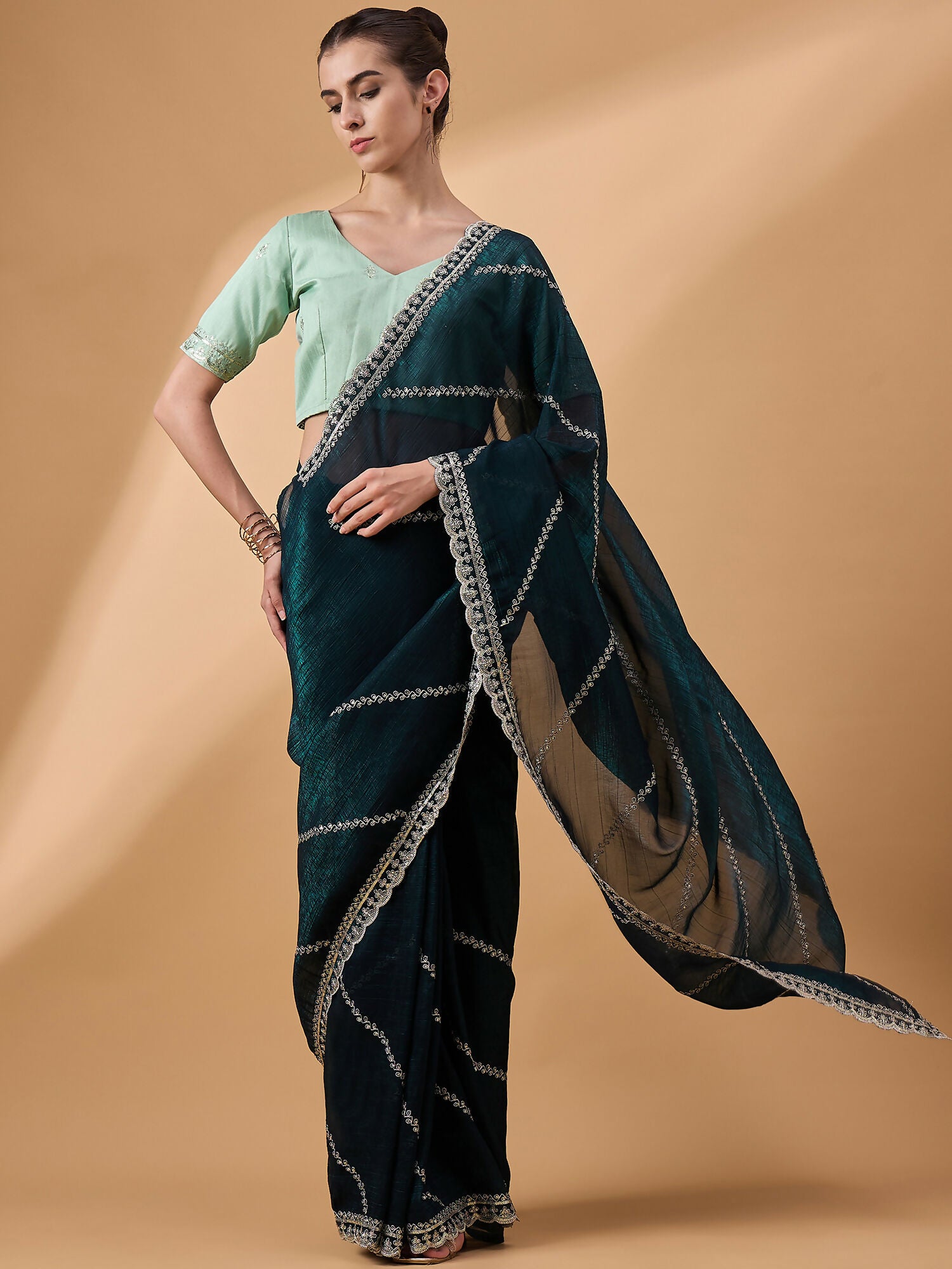 Blue Muslin Embroidered Saree with Unstitched Blouse Piece - Satya - Distacart