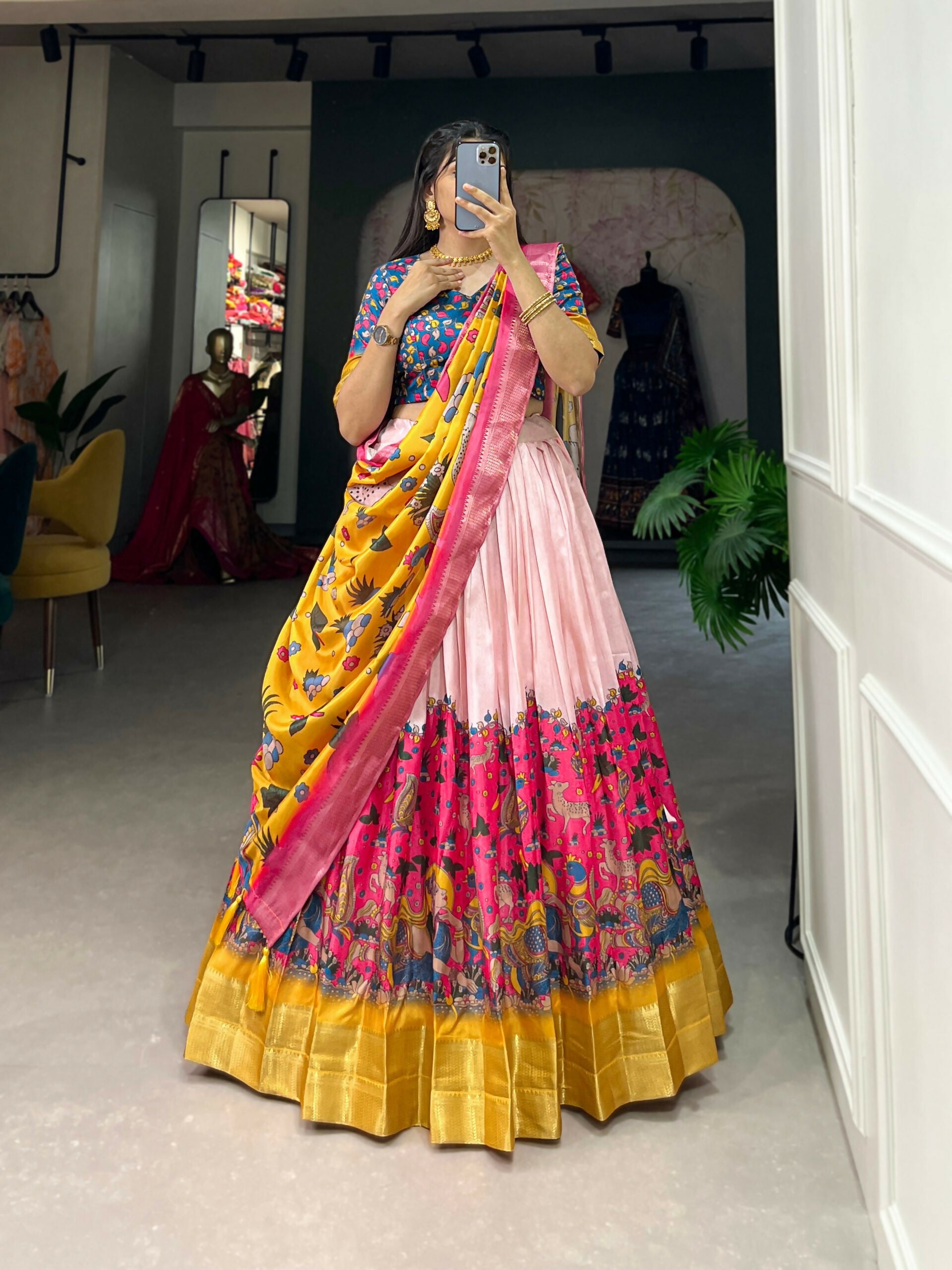 Vastranavya Kalamkari Print With Weaving Border Lehenga with Unstitched Blouse - Pink - Distacart