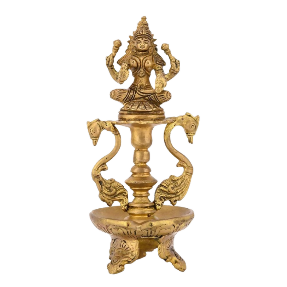 CraftVatika Brass Antique Laxmi Diya Oil Lamp Statue Lakshmi Peacock Puja Dia Table Diya Brass Table Diya - Dista