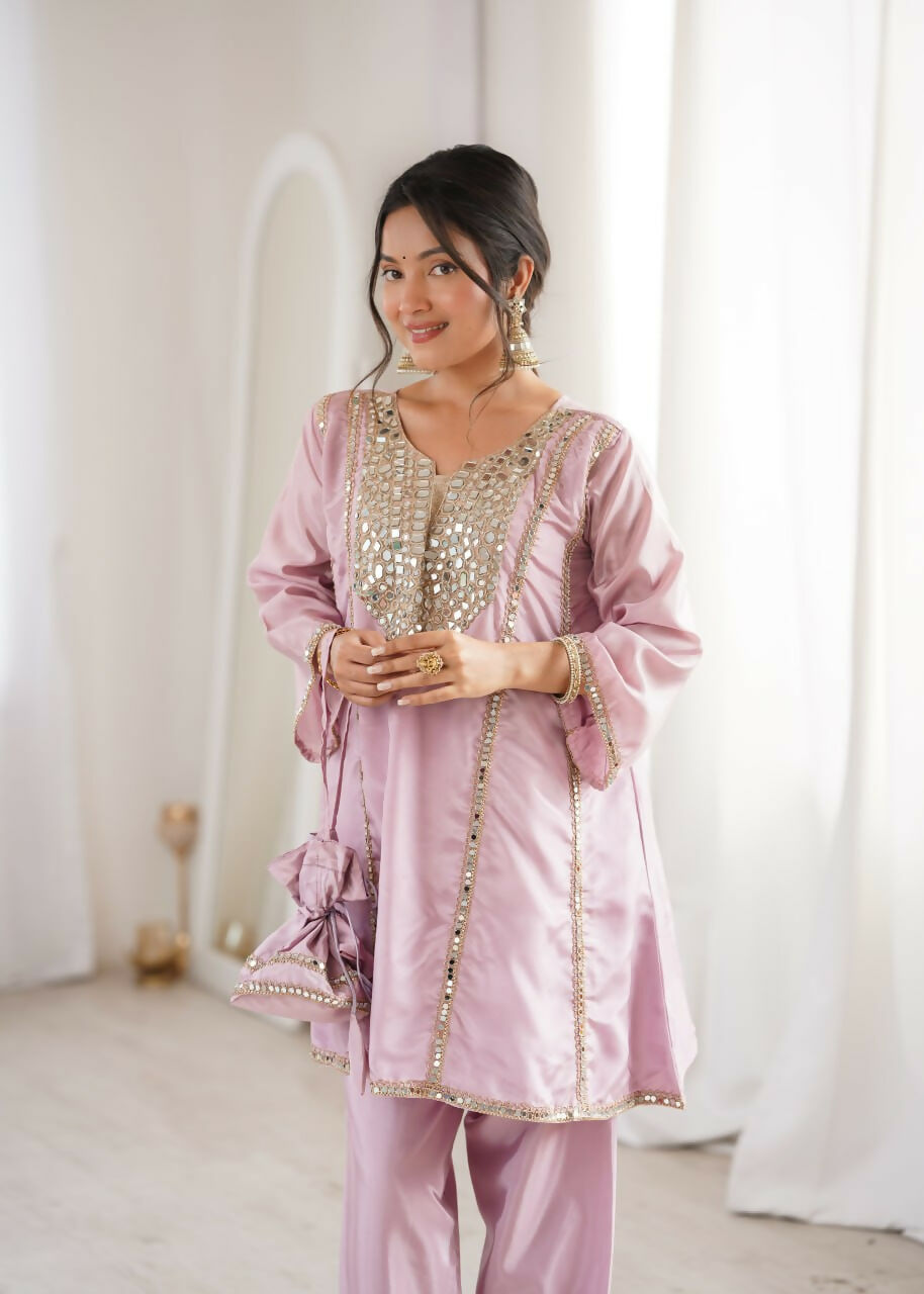 Teeya Creation Womens New Wedding Wear Pink Color With Mirror & Lace Work Kurta Pant Set - Dista