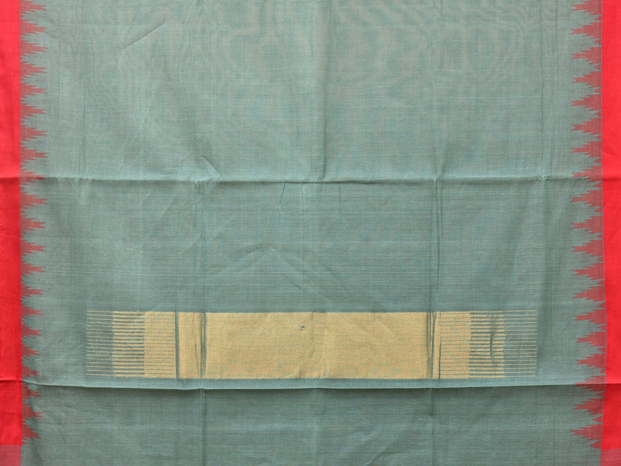 Sea Blue Khadi Cotton Handloom Plain Saree with Temple Border Design - Global Threads - Distacart