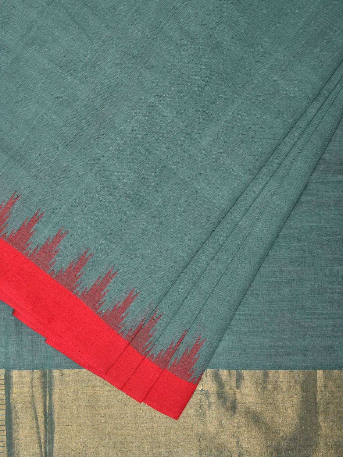 Sea Blue Khadi Cotton Handloom Plain Saree with Temple Border Design - Global Threads - Distacart
